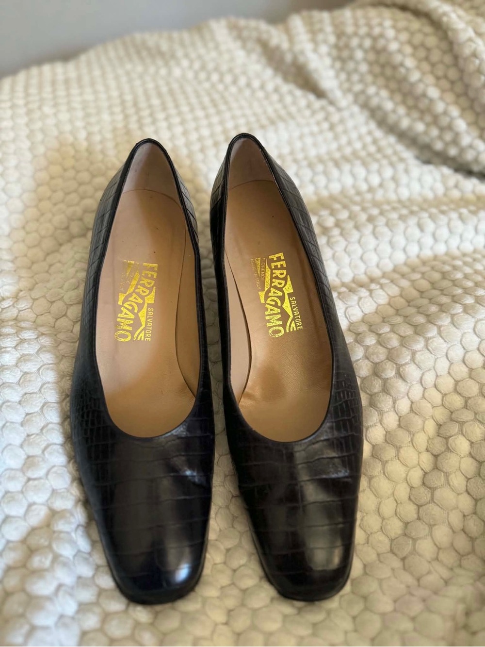 Salvatore Ferragamo Black Croc-Embossed Leather Flats